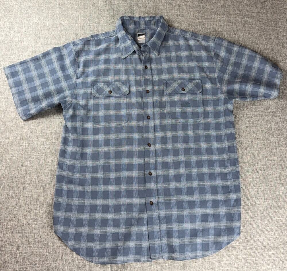 The North Face Mens Plaid Short Sleeve Button Shirt Blue Hiking Outdoor Workwear